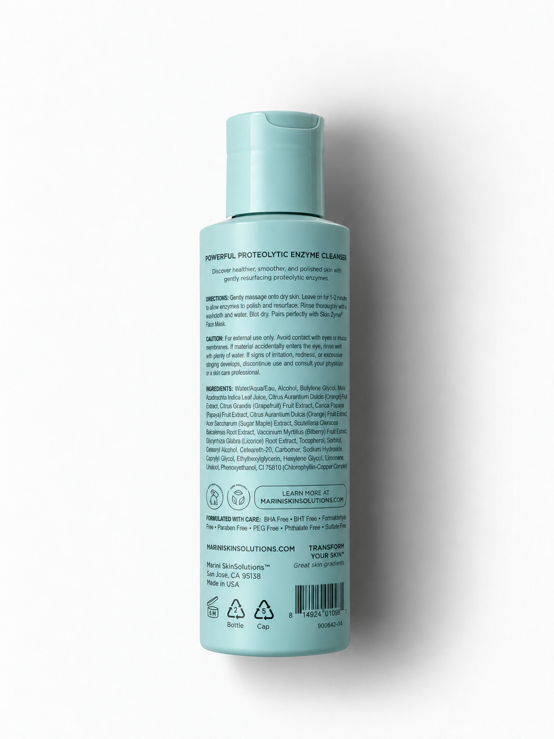 Marini SkinSolutions Clean Zyme Cleanser bottle, back label with directions and ingredients