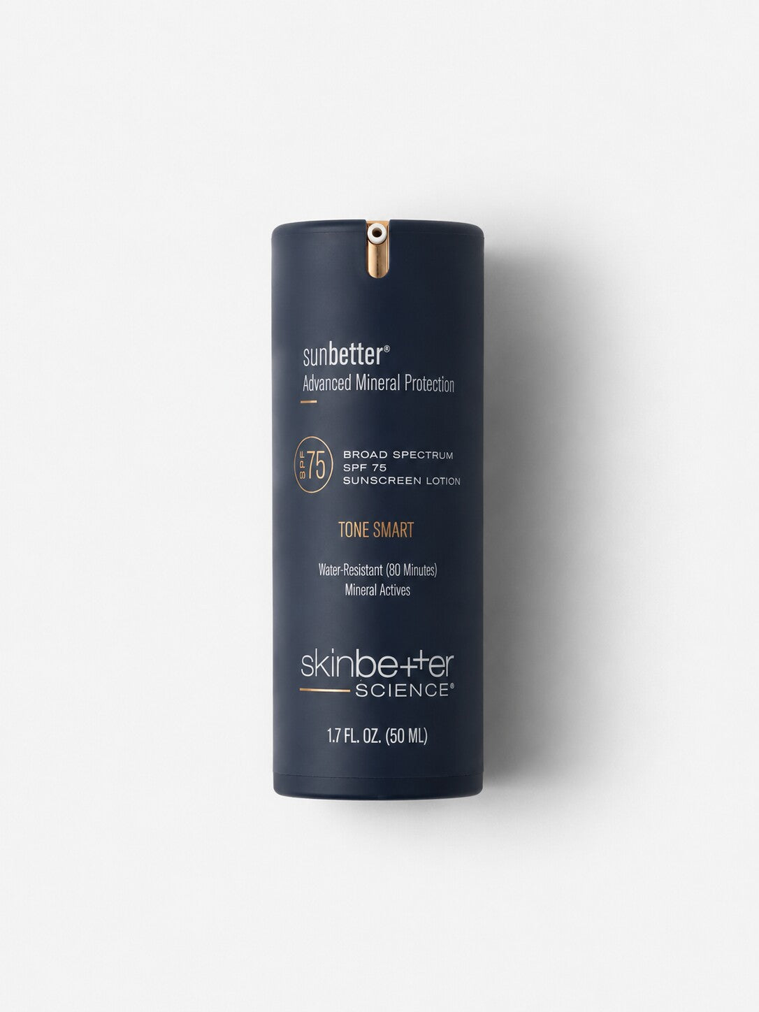 skinbetter science sunbetter TONE SMART SPF 75 tinted mineral sunscreen lotion in a navy airless bottle.