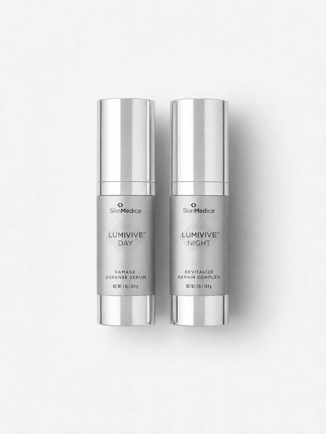 SkinMedica LUMIVIVE Day and Night System, two-step damage defense and revitalize repair serums
