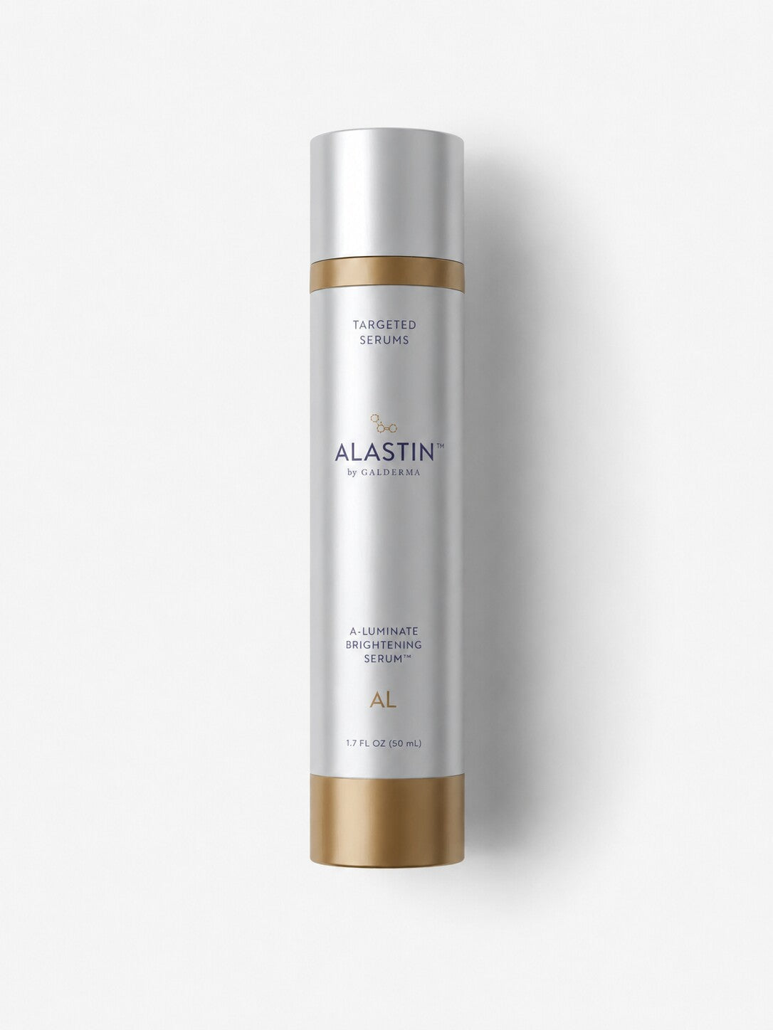 ALASTIN A-Luminate Brightening Serum in a 1.7 oz silver airless bottle to brighten uneven skin tone.