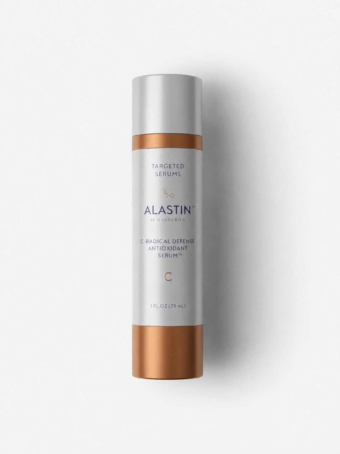 ALASTIN C-Radical Defense Antioxidant Serum in a silver and copper bottle for daytime antioxidant protection.