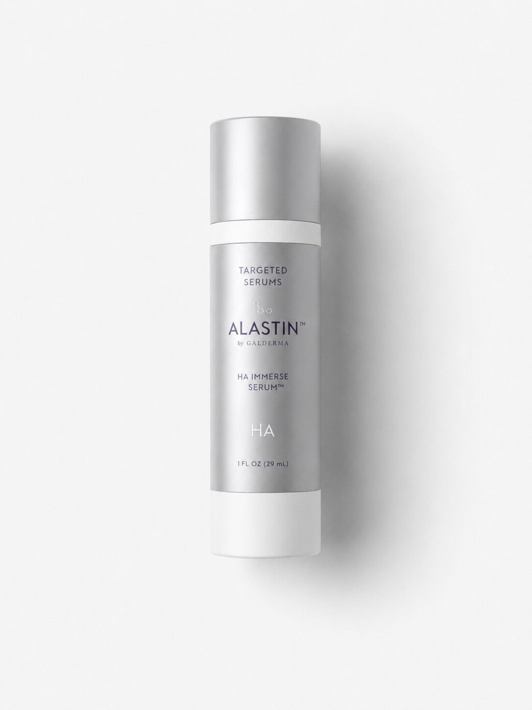 ALASTIN HA Immerse Serum in a silver airless pump bottle with hyaluronic acid for deep hydration.