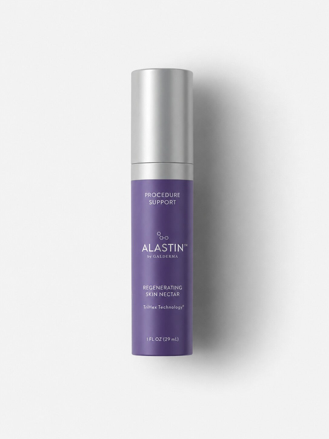 ALASTIN Regenerating Skin Nectar in a purple and silver airless bottle to support post-procedure healing.