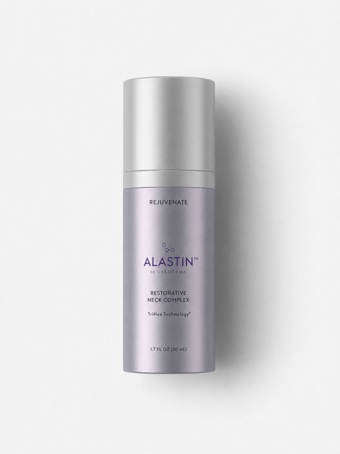 ALASTIN Restorative Neck Complex firming neck cream in a lavender and silver airless bottle.