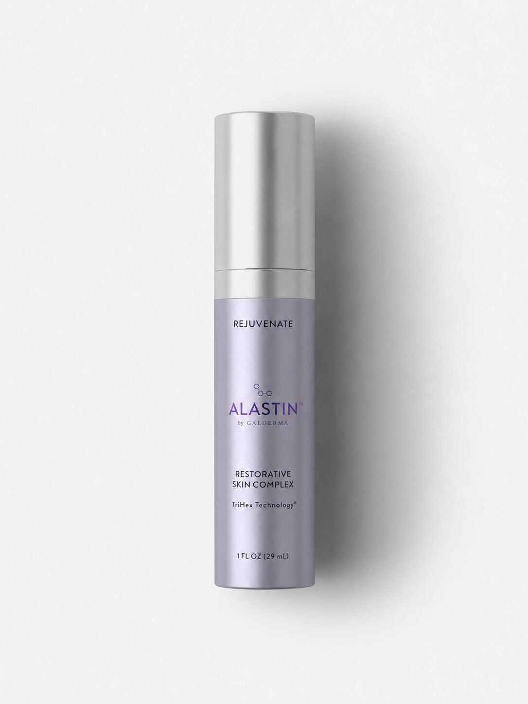 ALASTIN Restorative Skin Complex anti-aging serum in a lavender and silver airless bottle.