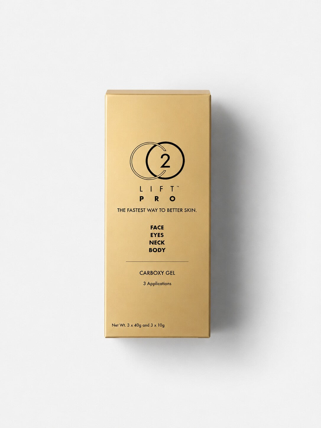CO2LIFT PRO carboxy gel treatment mask 3-pack in a gold retail box for face, eyes, neck and body.