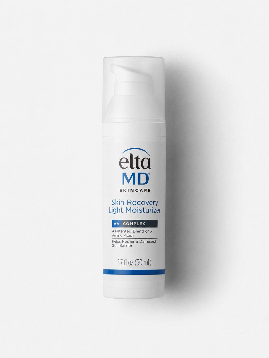 EltaMD Skin Recovery Light Moisturizer with AA Complex in a white pump bottle for barrier repair.