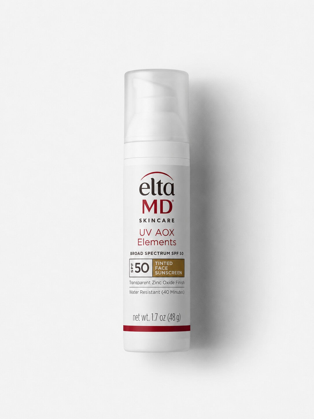 EltaMD UV AOX Elements SPF 50 tinted mineral face sunscreen with antioxidants in a white pump bottle.