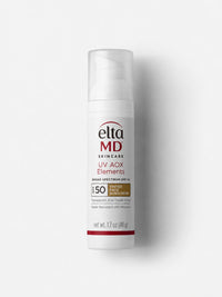 EltaMD UV AOX Elements SPF 50 tinted mineral face sunscreen with antioxidants in a white pump bottle.