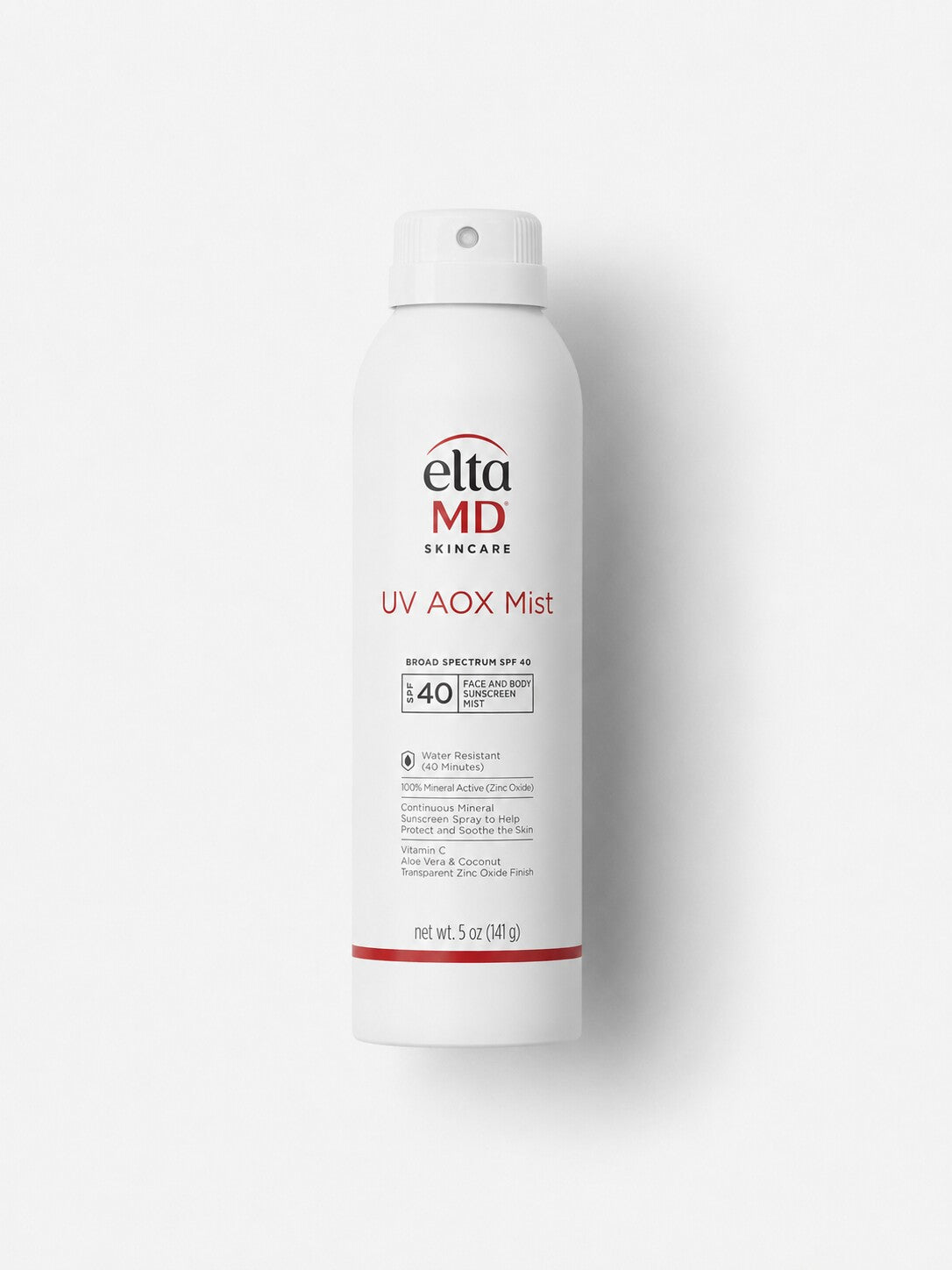 EltaMD UV AOX Mist SPF 40 continuous spray mineral sunscreen in a tall white aerosol can.