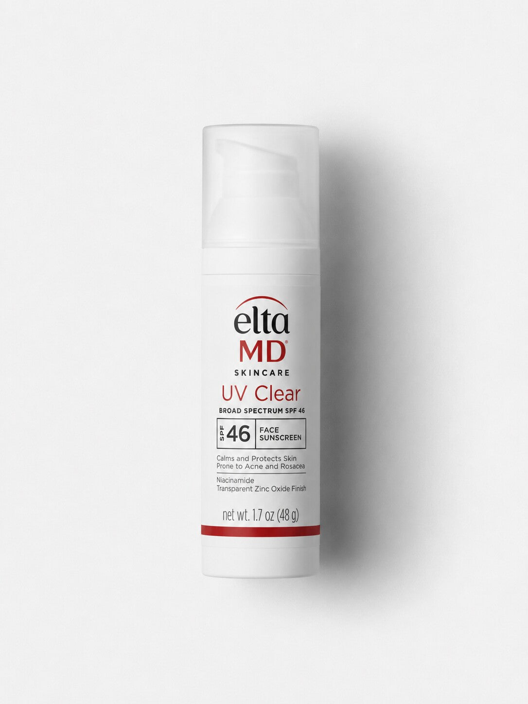 EltaMD UV Clear SPF 46 oil-free mineral face sunscreen for acne-prone skin in a white pump bottle.