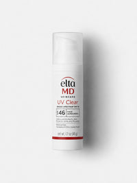 EltaMD UV Clear SPF 46 oil-free mineral face sunscreen for acne-prone skin in a white pump bottle.
