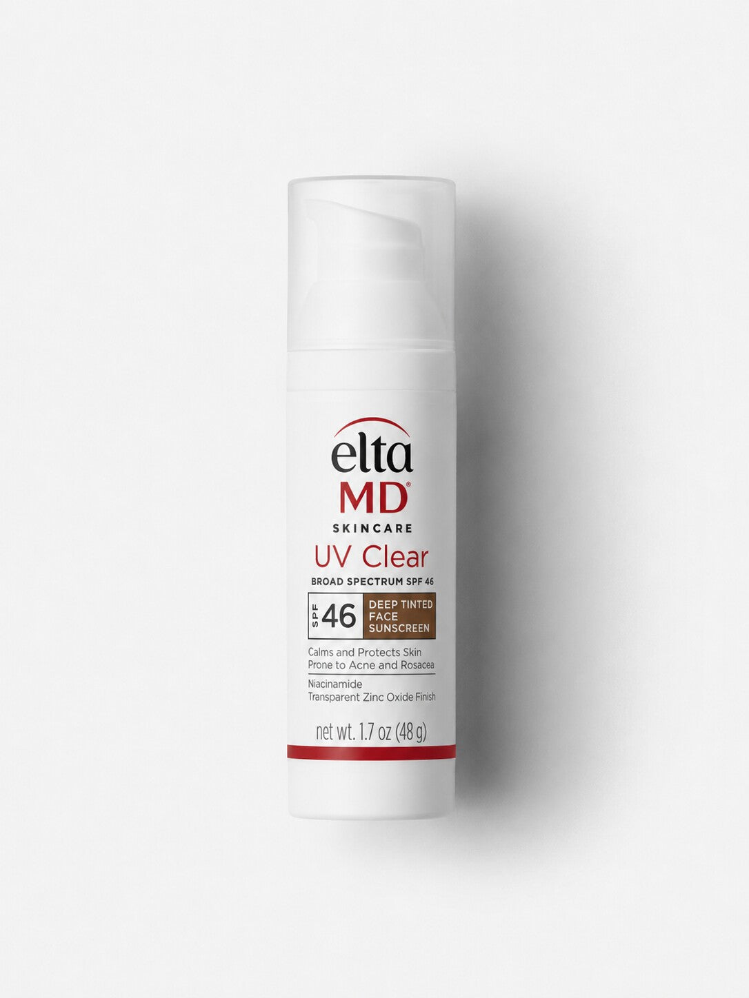 EltaMD UV Clear SPF 46 deep-tinted mineral face sunscreen for acne-prone skin in a white pump bottle.