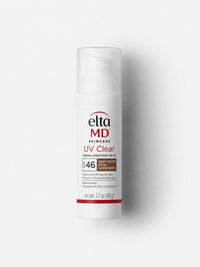 EltaMD UV Clear SPF 46 deep-tinted mineral face sunscreen for acne-prone skin in a white pump bottle.