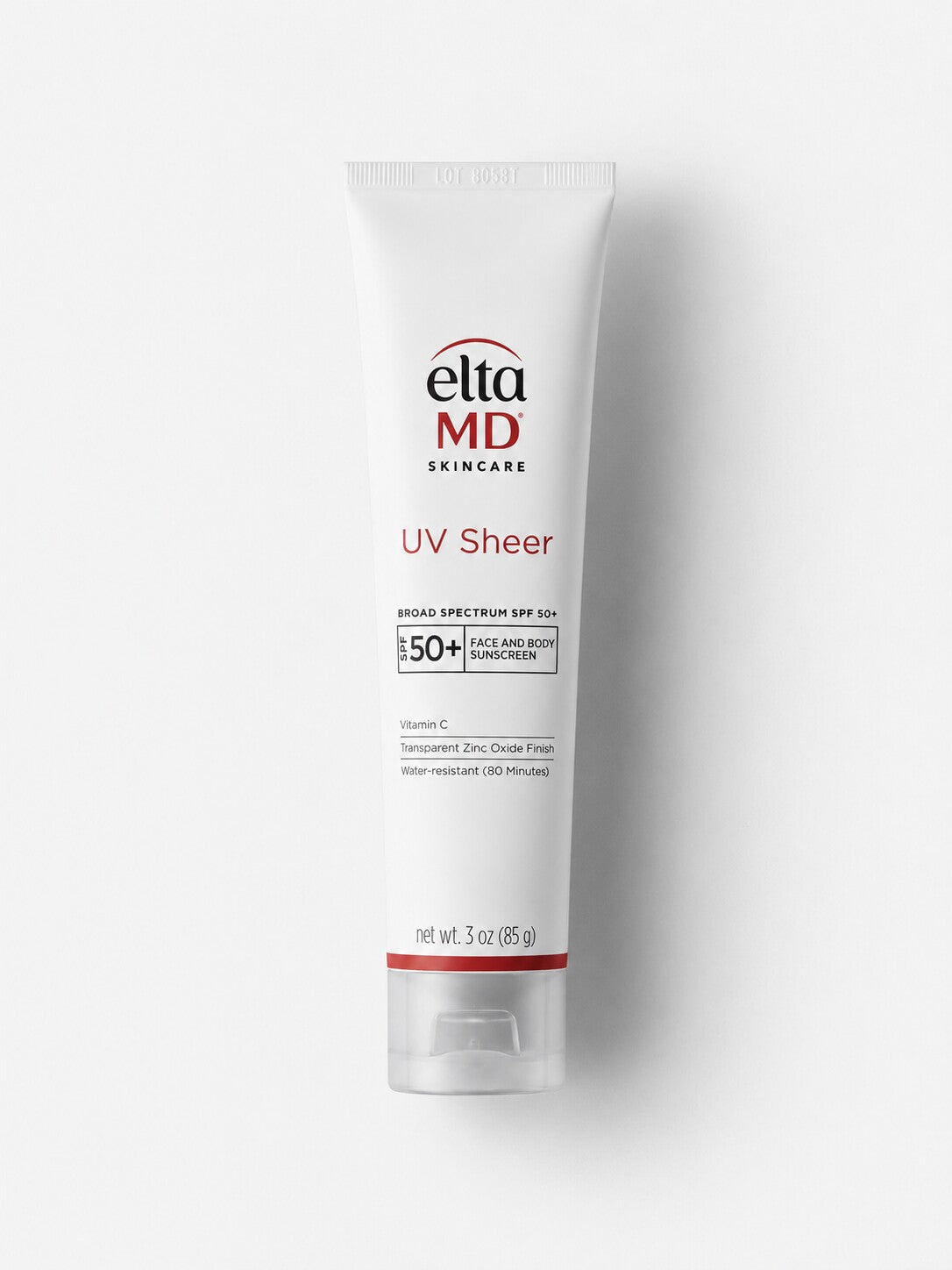 EltaMD UV Sheer SPF 50+ moisturizing mineral sunscreen in a white squeeze tube.