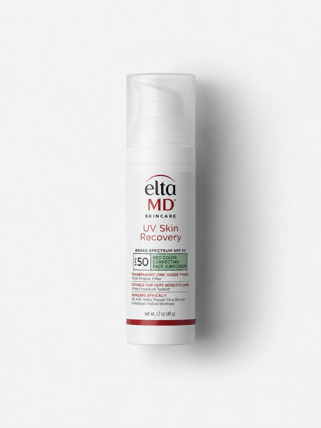 EltaMD UV Skin Recovery SPF 50 green color-correcting mineral sunscreen for sensitive redness-prone skin in a white pump bottle.