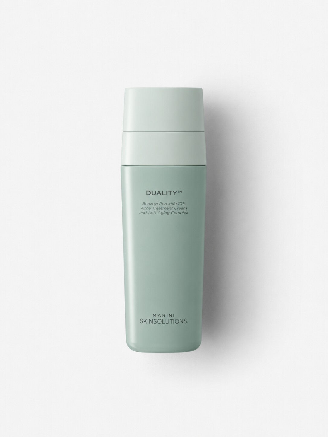 Jan Marini Duality benzoyl peroxide acne and anti-aging treatment in a sage green airless bottle.