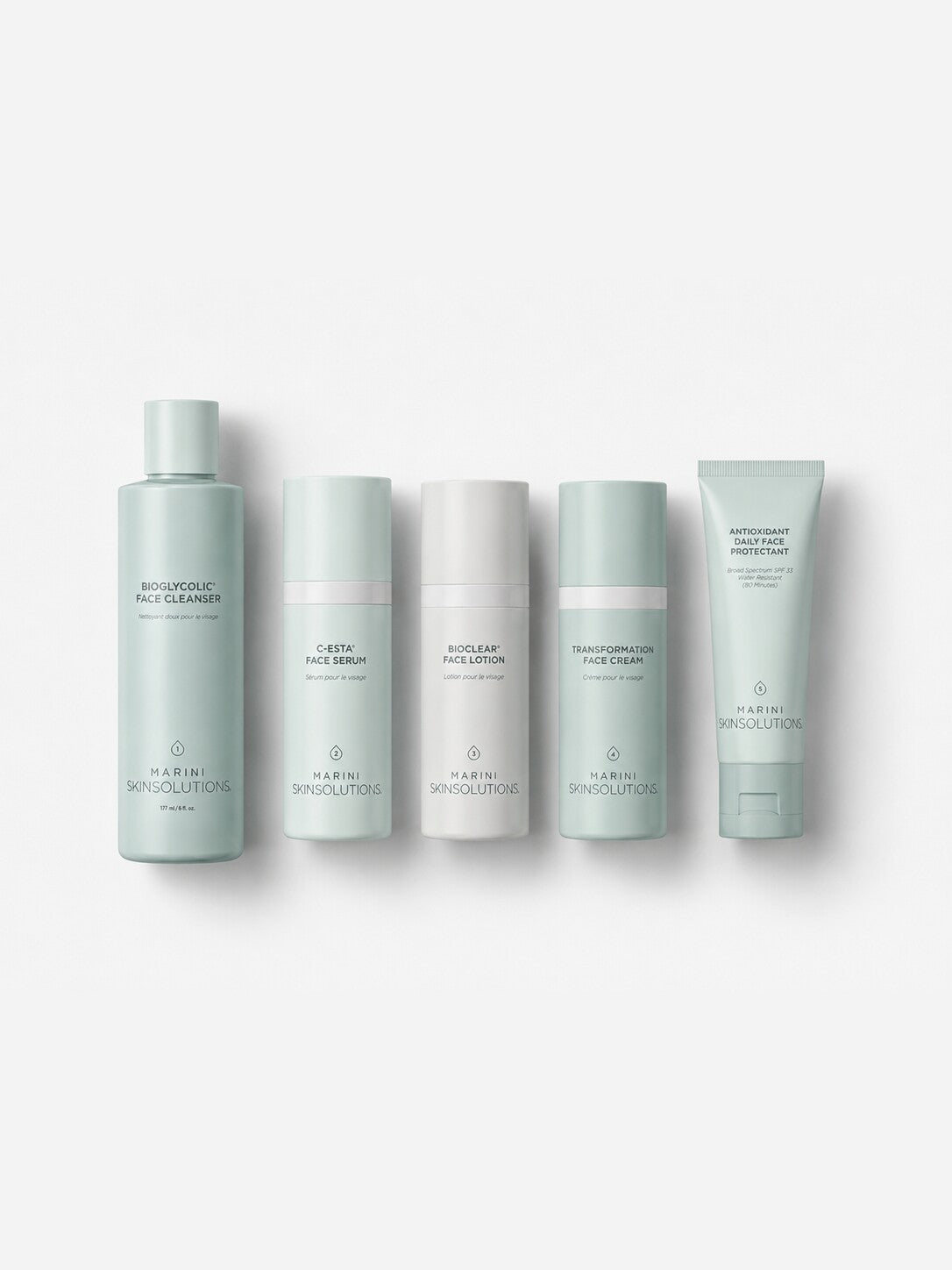 Jan Marini Skin Care Management System five-piece kit with cleanser, serum, lotion, cream and SPF lined up.