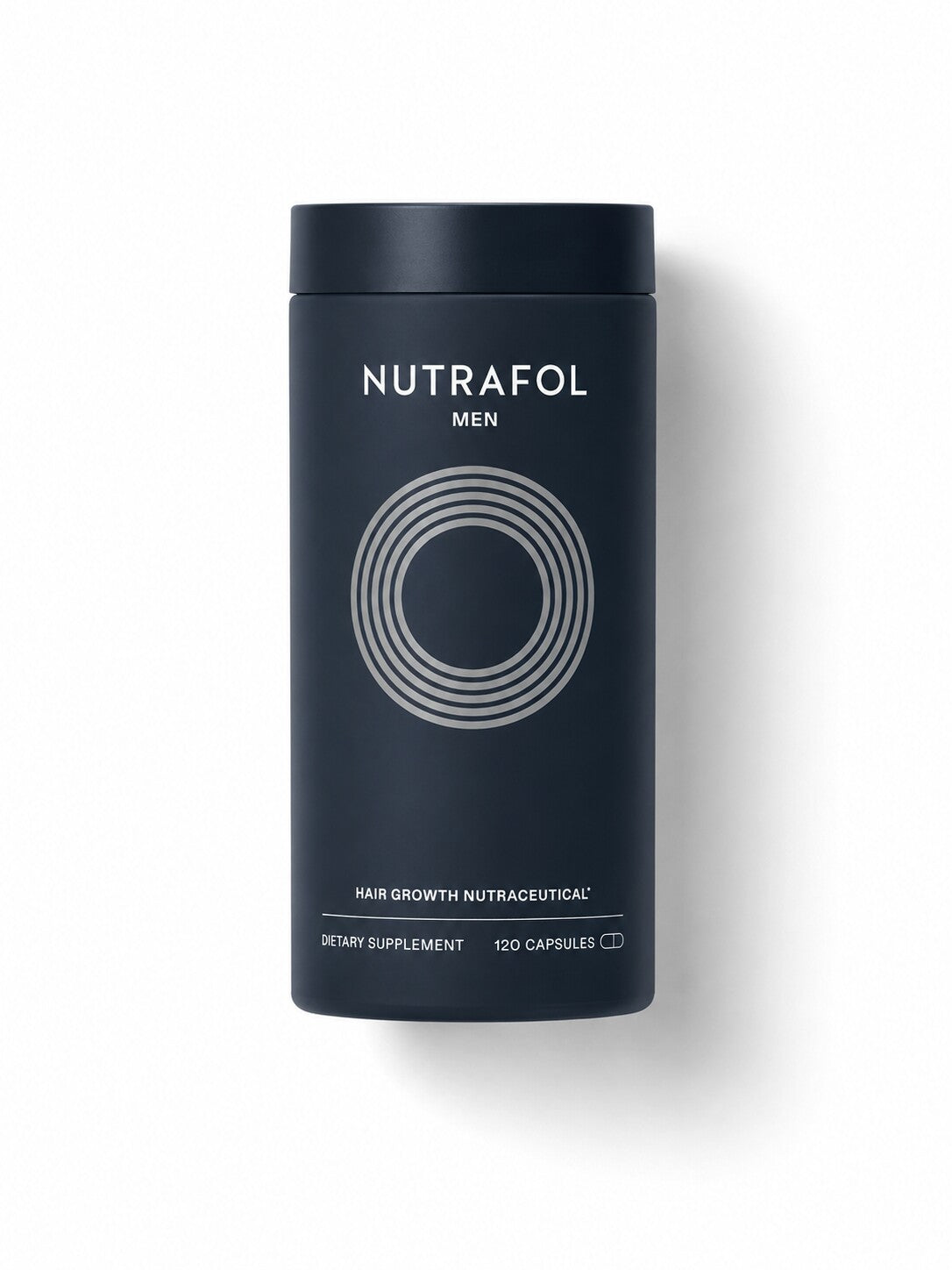 Nutrafol Men hair growth supplement in a navy canister, 120 capsules for a 30-day supply.
