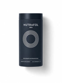 Nutrafol Men hair growth supplement in a navy canister, 120 capsules for a 30-day supply.