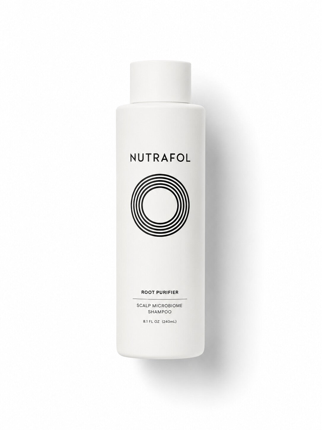 Nutrafol Root Purifier scalp microbiome shampoo in a tall white bottle.