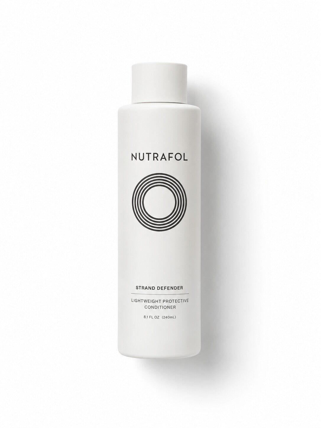 Nutrafol Strand Defender protective conditioner in a tall white bottle.