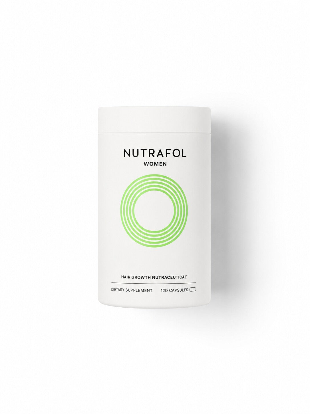 Nutrafol Women hair growth supplement in a white canister with green ring, 120 capsules.