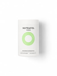 Nutrafol Women hair growth supplement in a white canister with green ring, 120 capsules.