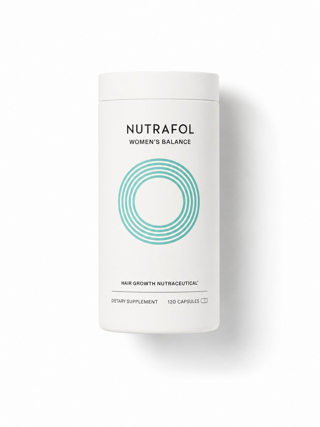 Nutrafol Women's Balance hair growth supplement in a white canister with teal ring, 120 capsules for menopause.