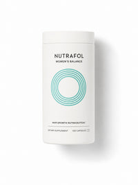 Nutrafol Women's Balance hair growth supplement in a white canister with teal ring, 120 capsules for menopause.