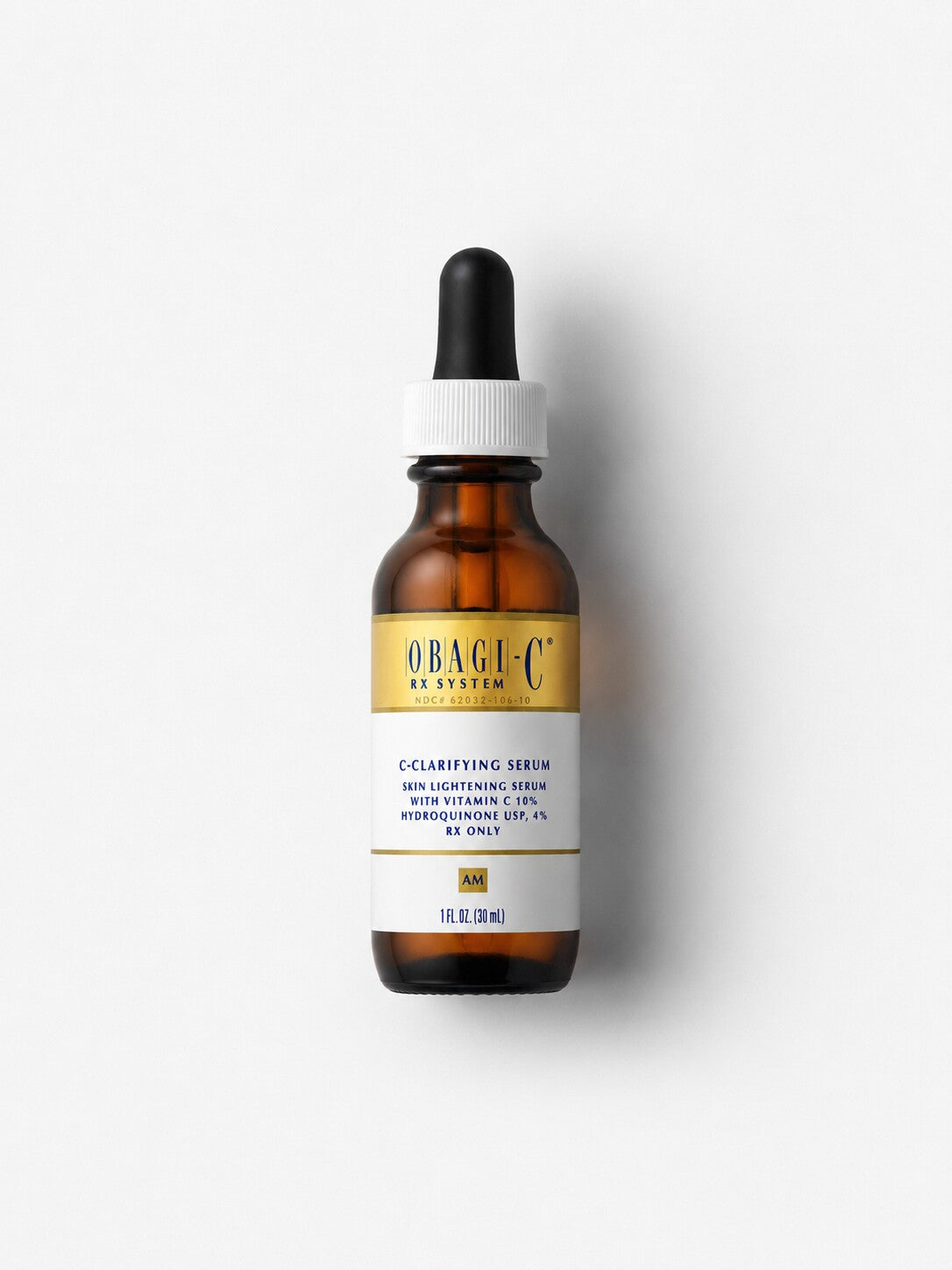 Obagi-C Rx C-Clarifying Serum with vitamin C and hydroquinone for normal to dry skin in an amber dropper bottle.