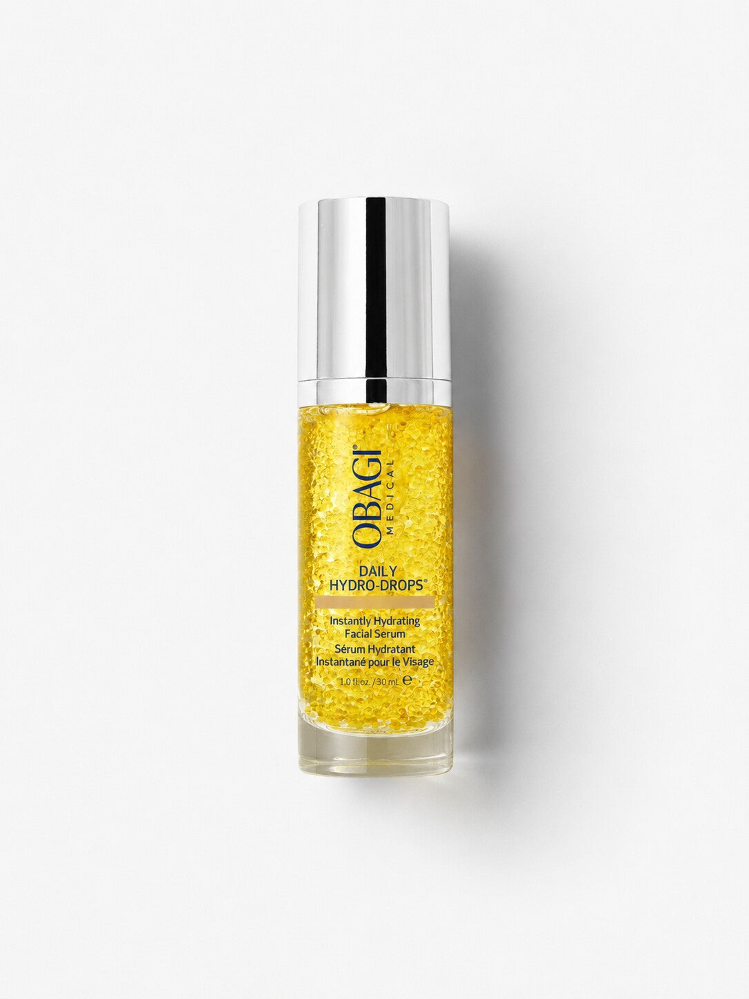 Obagi Daily Hydro-Drops instantly hydrating facial serum with beads in a clear airless bottle.