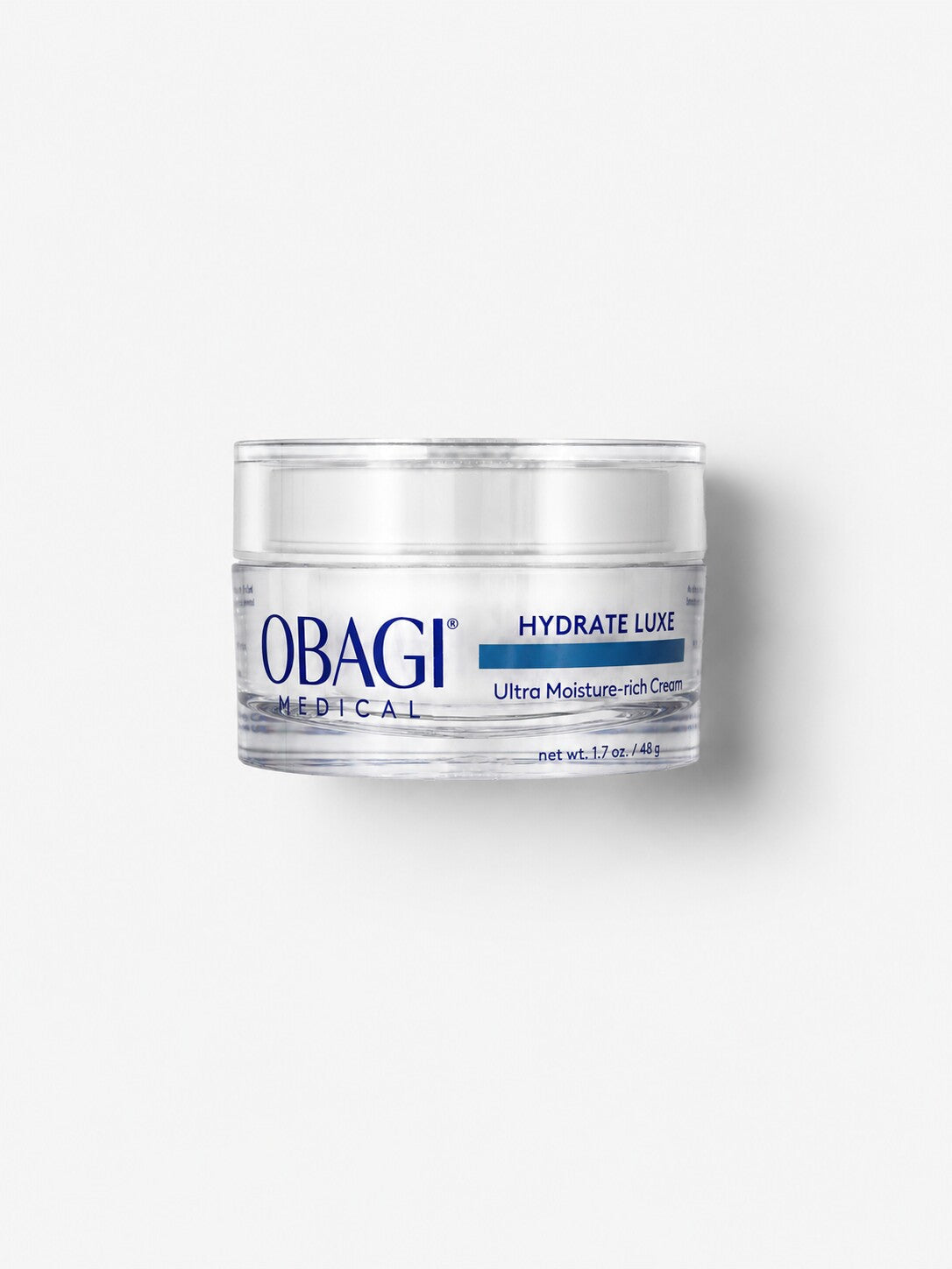 Obagi Hydrate Luxe ultra moisture-rich night cream in a clear jar.