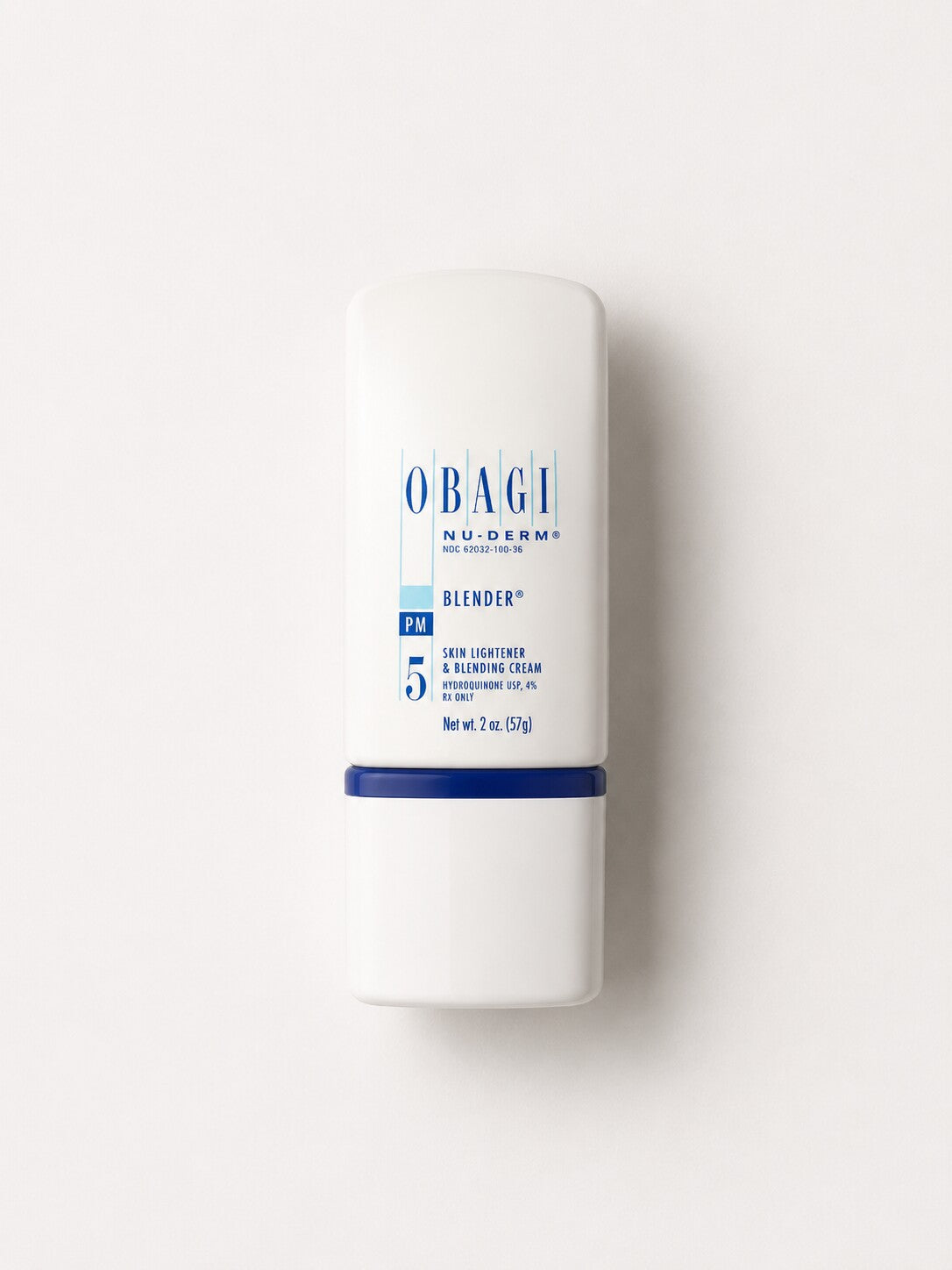 Obagi Nu-Derm Blender prescription skin lightener and blending cream in a white bottle with blue band.
