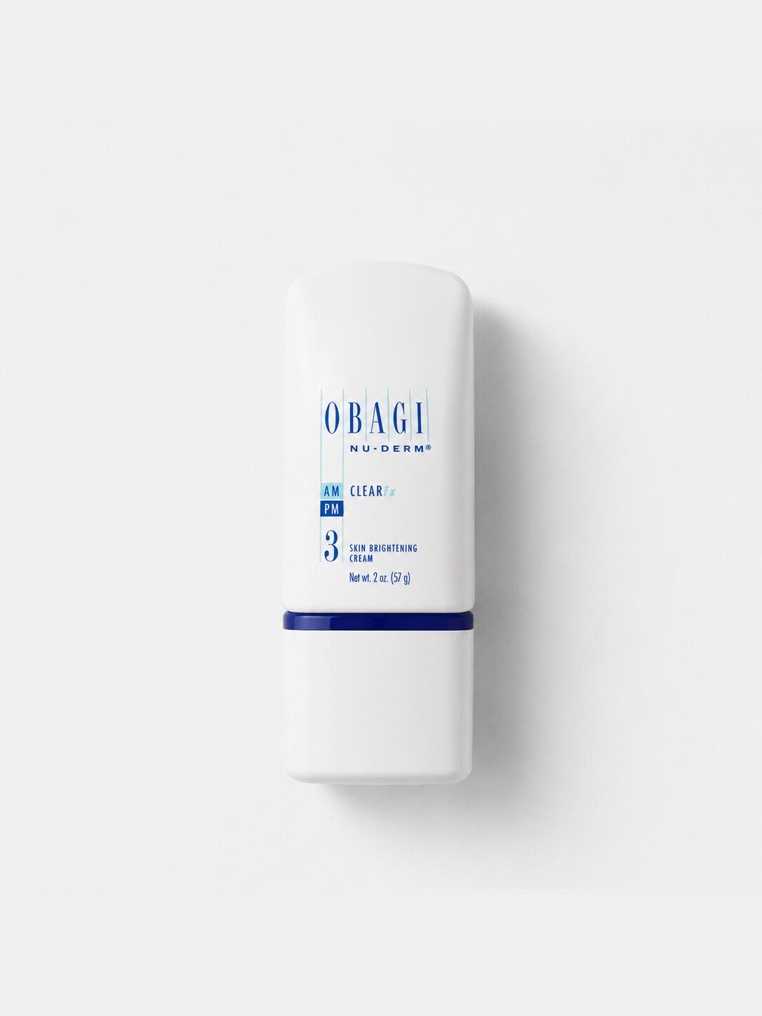 Obagi Nu-Derm Clear Fx hydroquinone-free skin brightening cream in a white bottle with blue band.