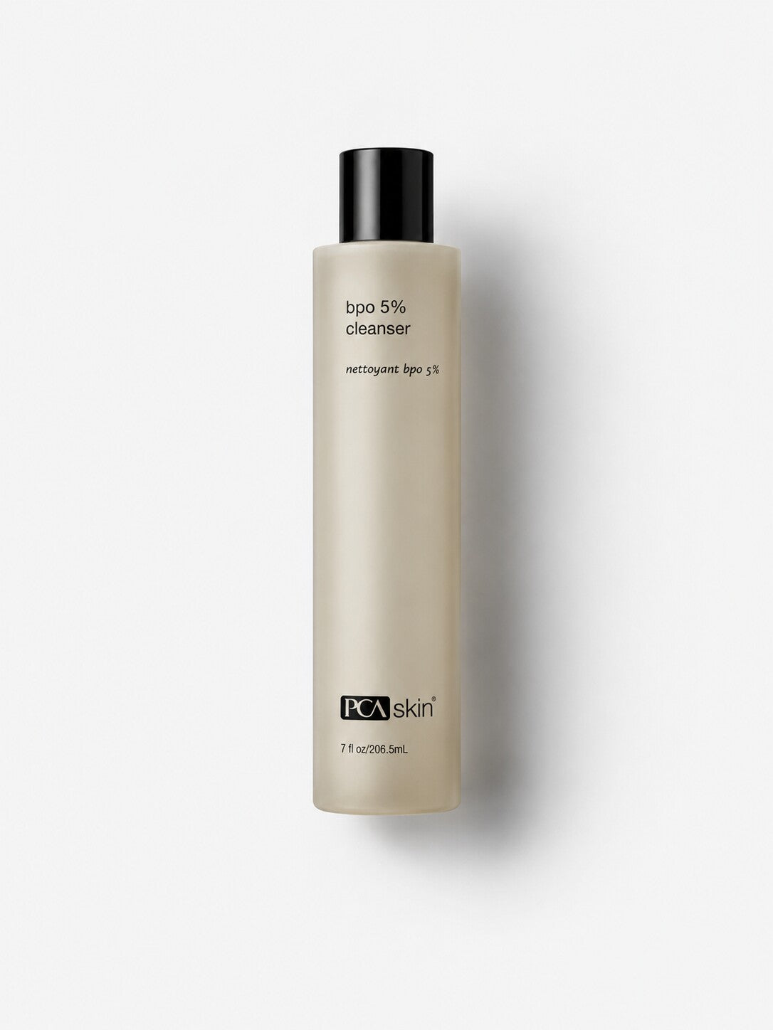 PCA Skin BPO 5% benzoyl peroxide acne cleanser in a tan bottle with black cap.