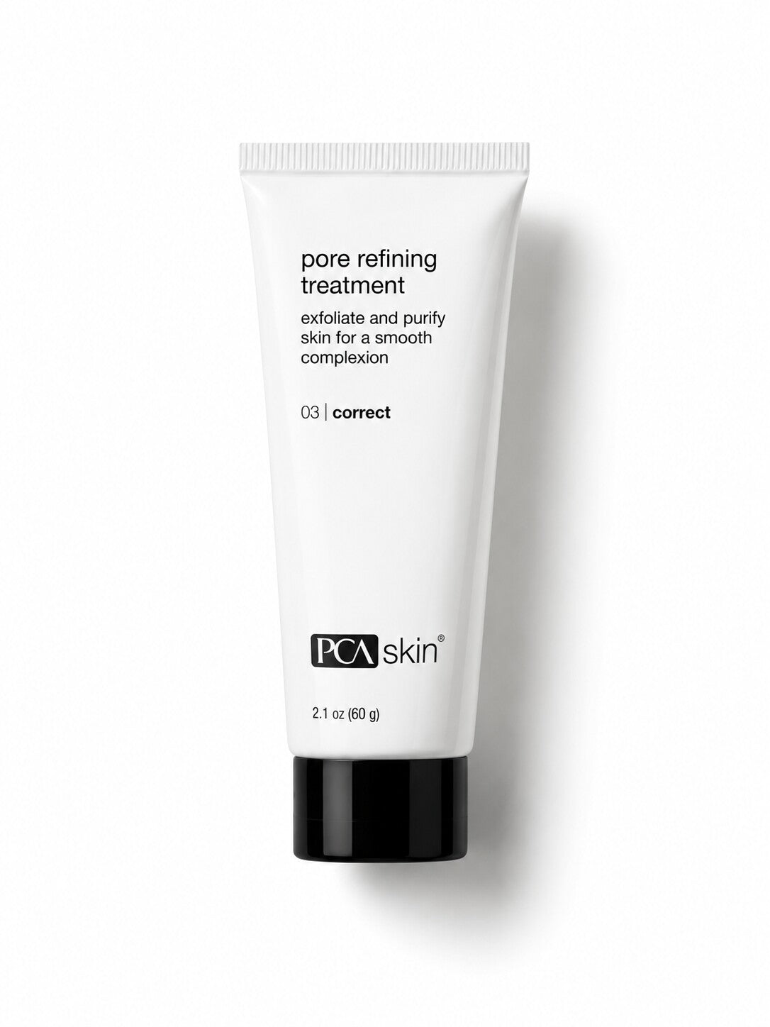 PCA Skin Pore Refining Treatment exfoliating mask in a white squeeze tube with black cap.