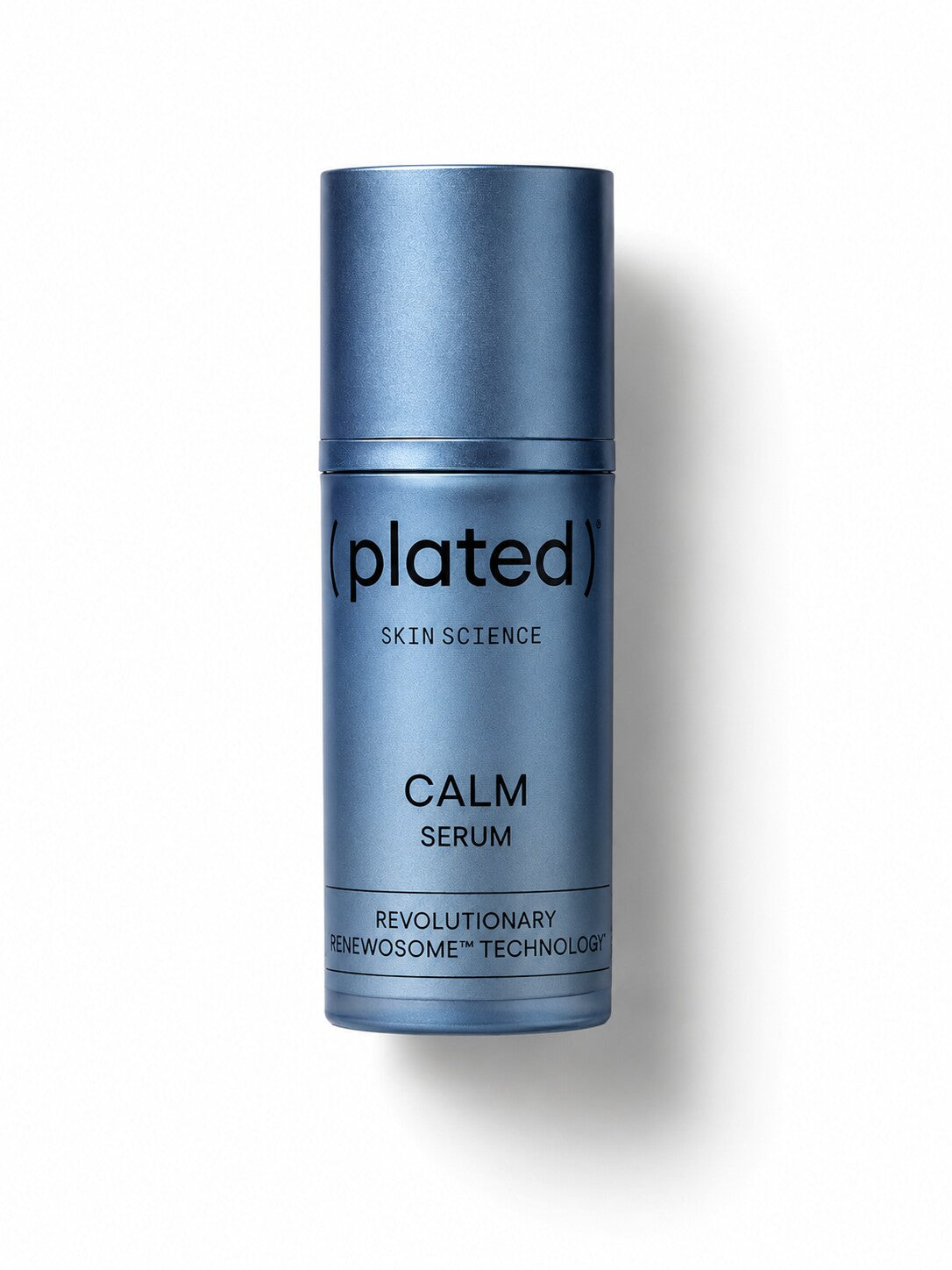 Plated Skin Science CALM exosome serum in a blue metallic airless bottle.