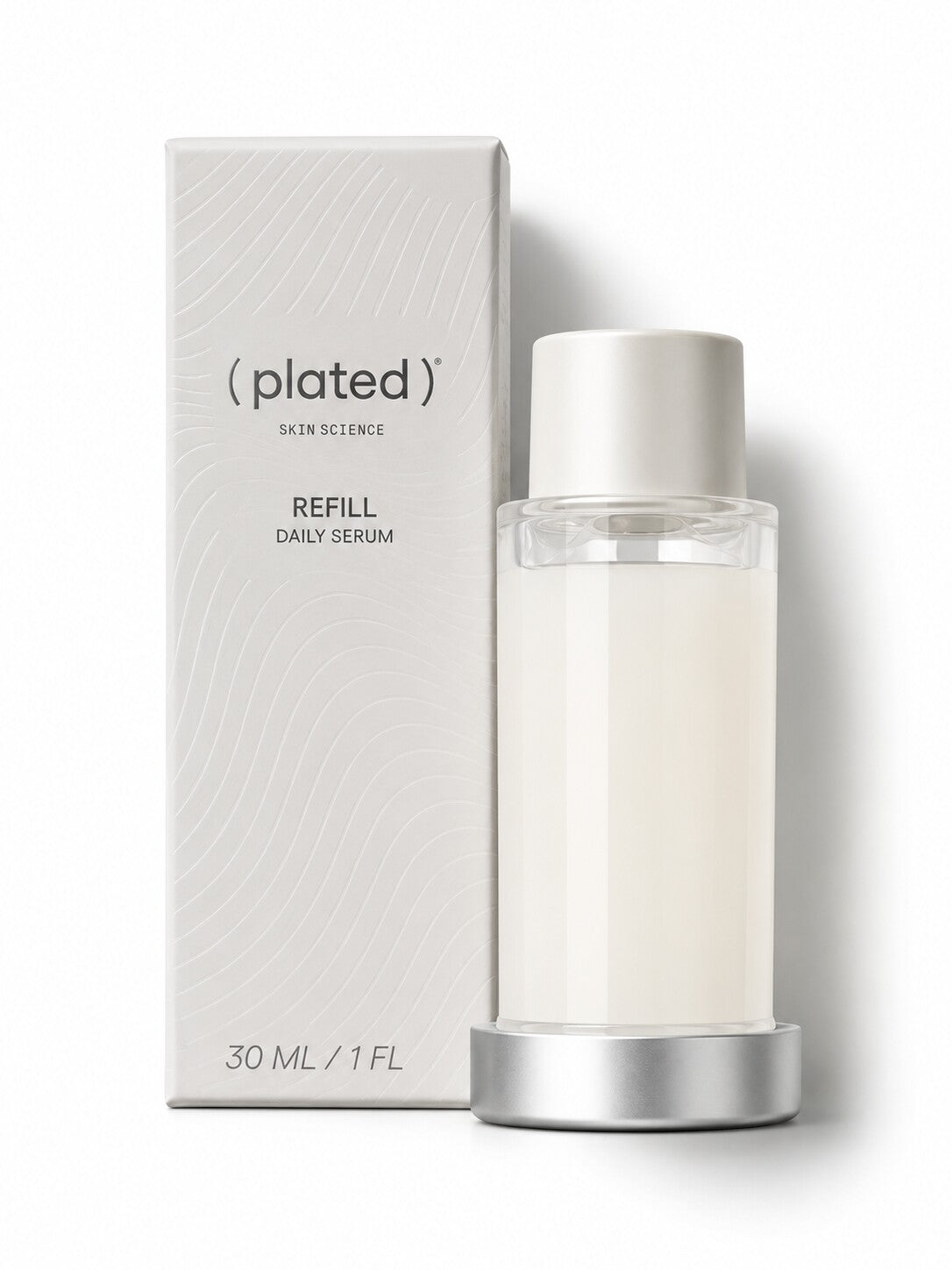 Plated Skin Science DAILY Serum refill with retail box, 30 mL exosome serum.