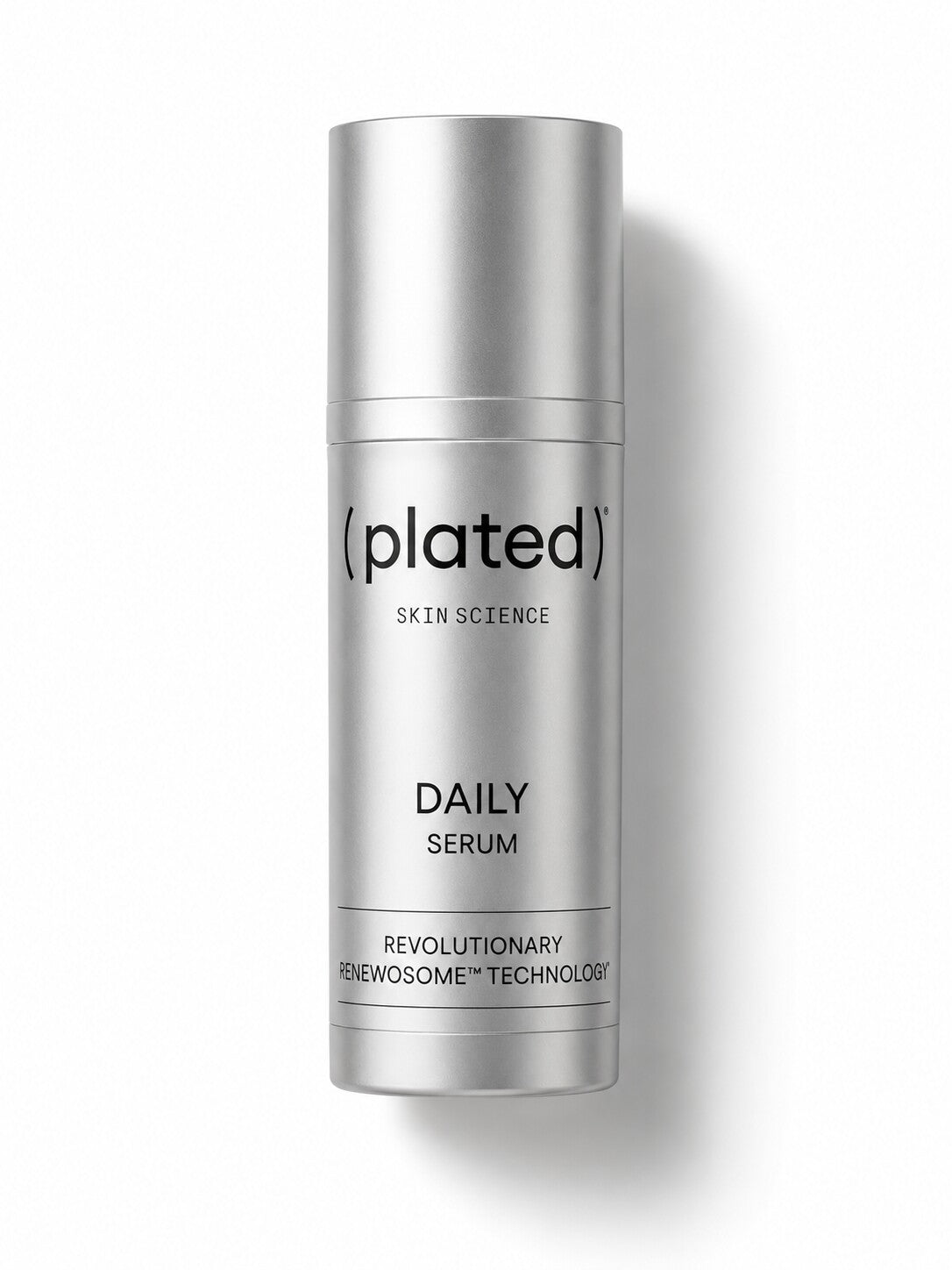 Plated Skin Science DAILY exosome serum in a silver metallic airless bottle.