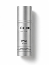 Plated Skin Science DAILY exosome serum in a silver metallic airless bottle.