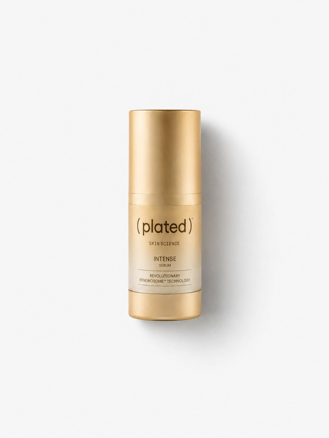 Plated Skin Science INTENSE Serum in a gold airless pump bottle with Renewosome exosome technology.