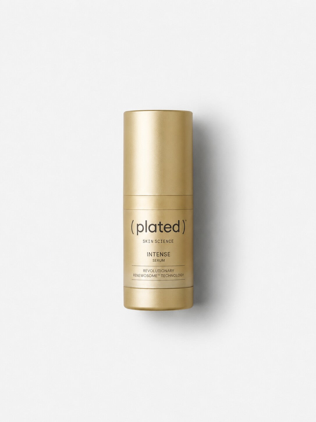 Plated Skin Science INTENSE Serum gold bottle with Renewosome exosome technology for anti-aging