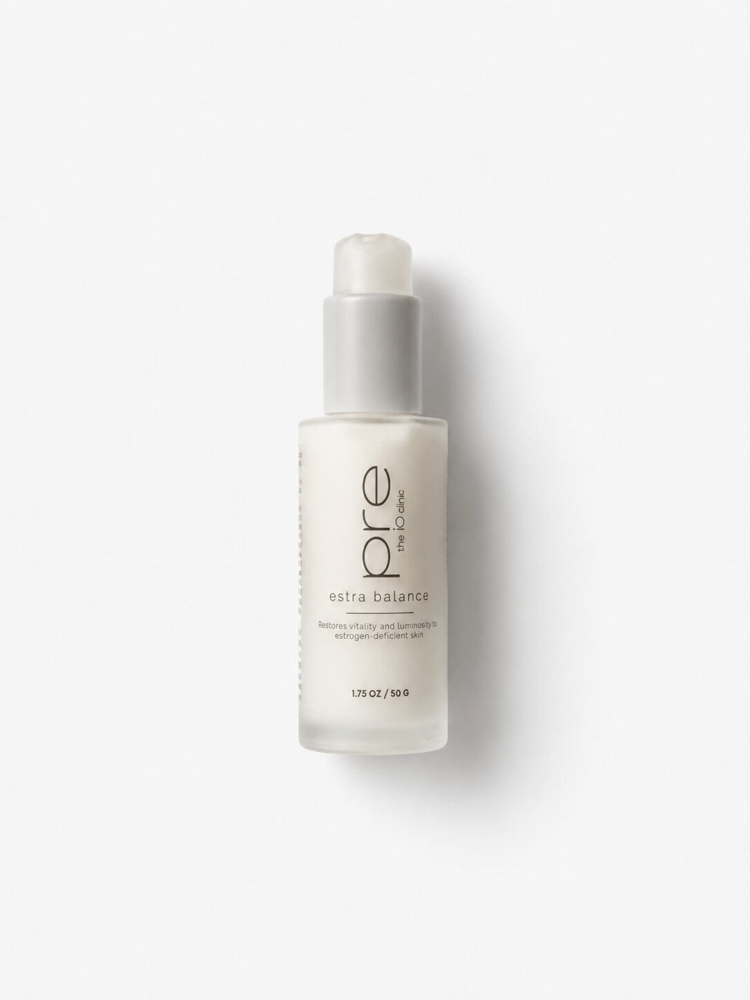 PRE by the iO Clinic Estra Balance 1.75 oz frosted glass pump bottle for estrogen-deficient menopausal skin.