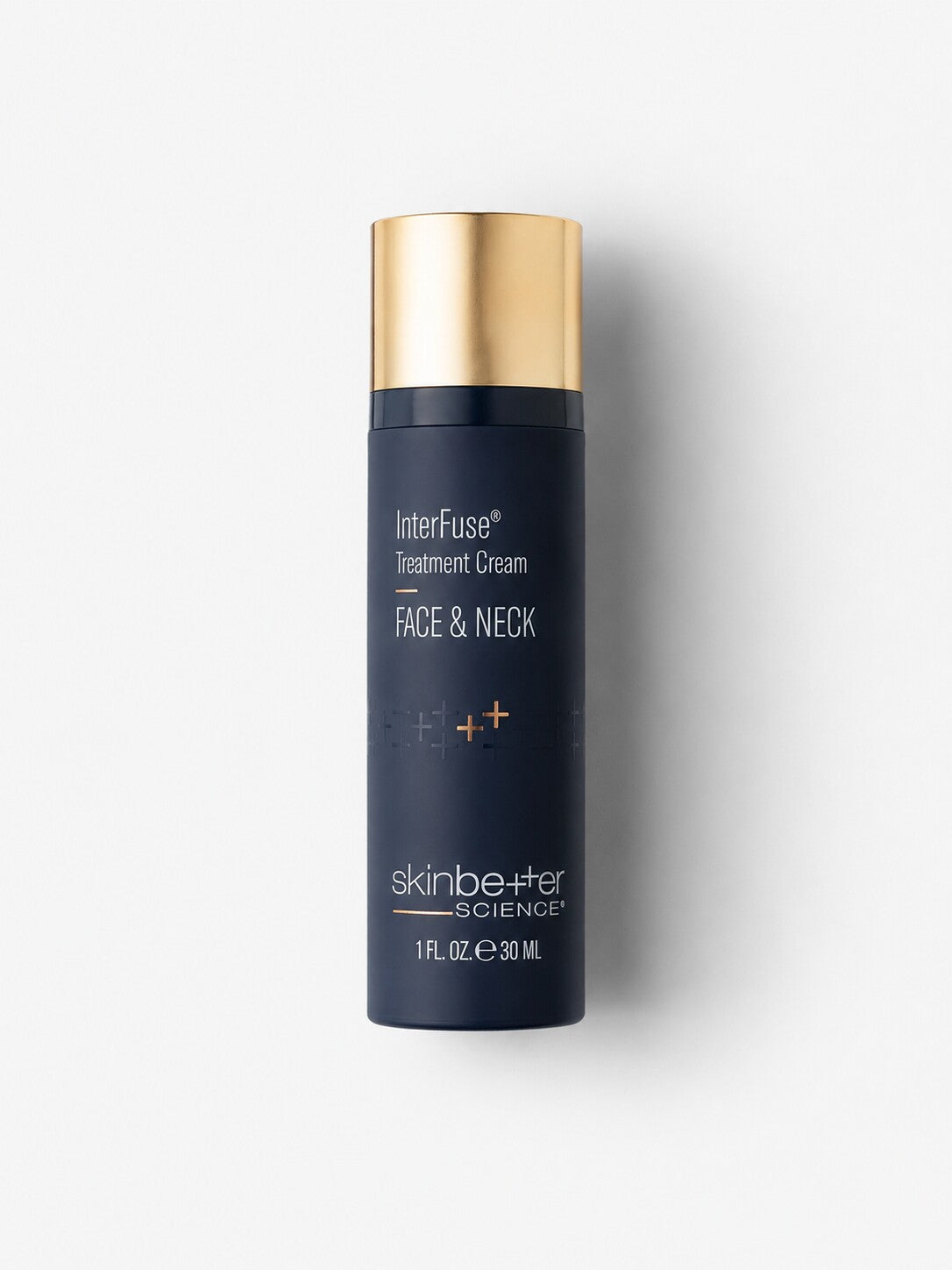 skinbetter science InterFuse Treatment Cream for face and neck in a navy airless bottle with gold cap.