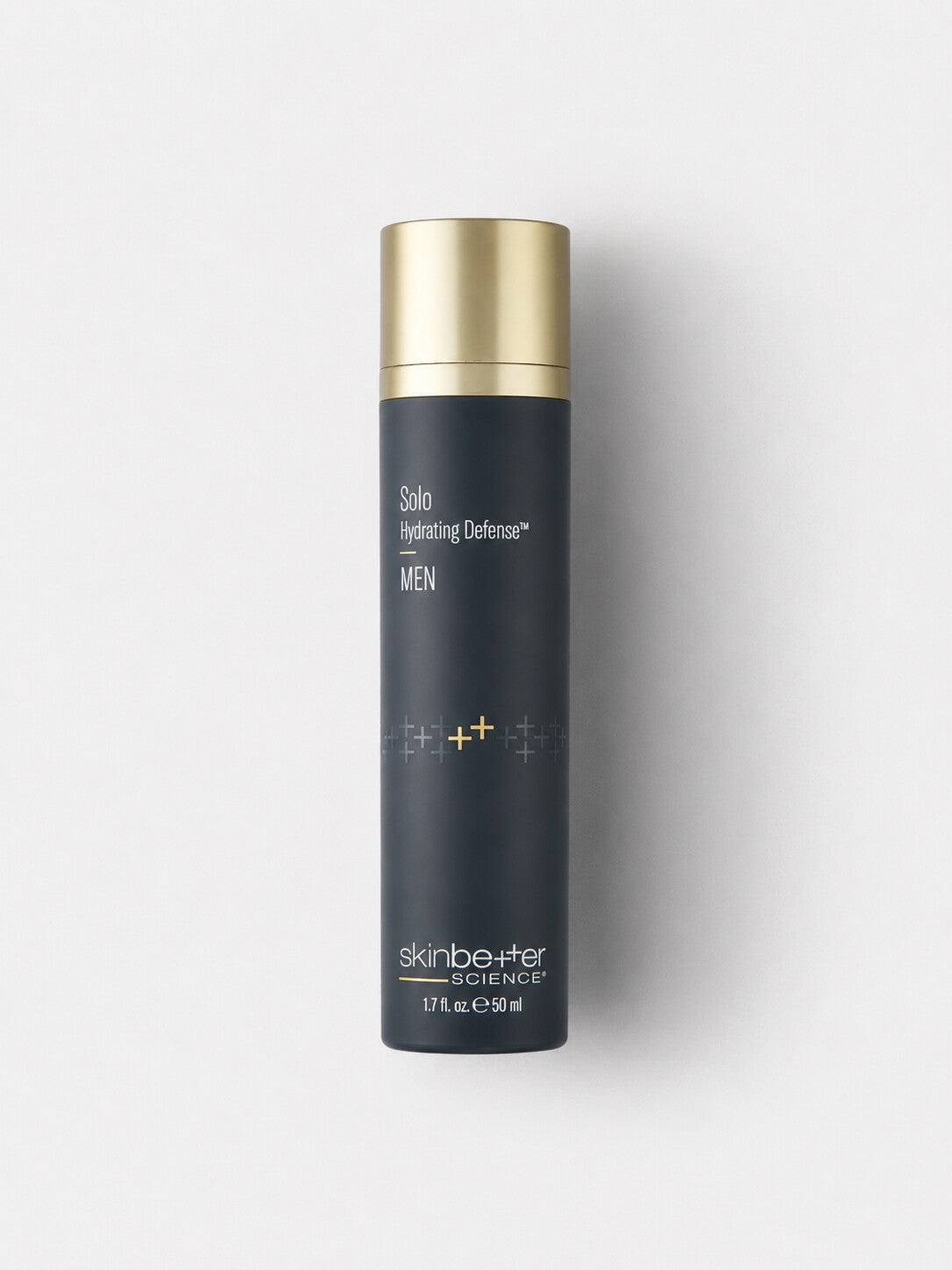 skinbetter science Solo Hydrating Defense antioxidant moisturizer for men in a navy airless bottle with gold cap.