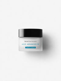 SkinCeuticals A.G.E. Advanced Eye anti-aging eye cream in a white jar with black lid.