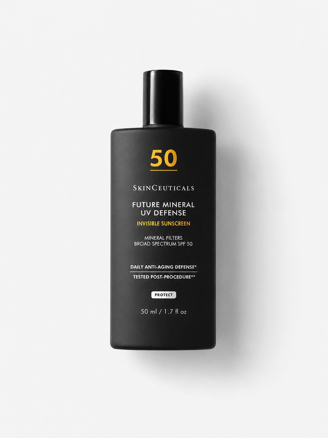 SkinCeuticals Future Mineral UV Defense SPF 50 invisible mineral sunscreen in a 1.7 oz black pump bottle.