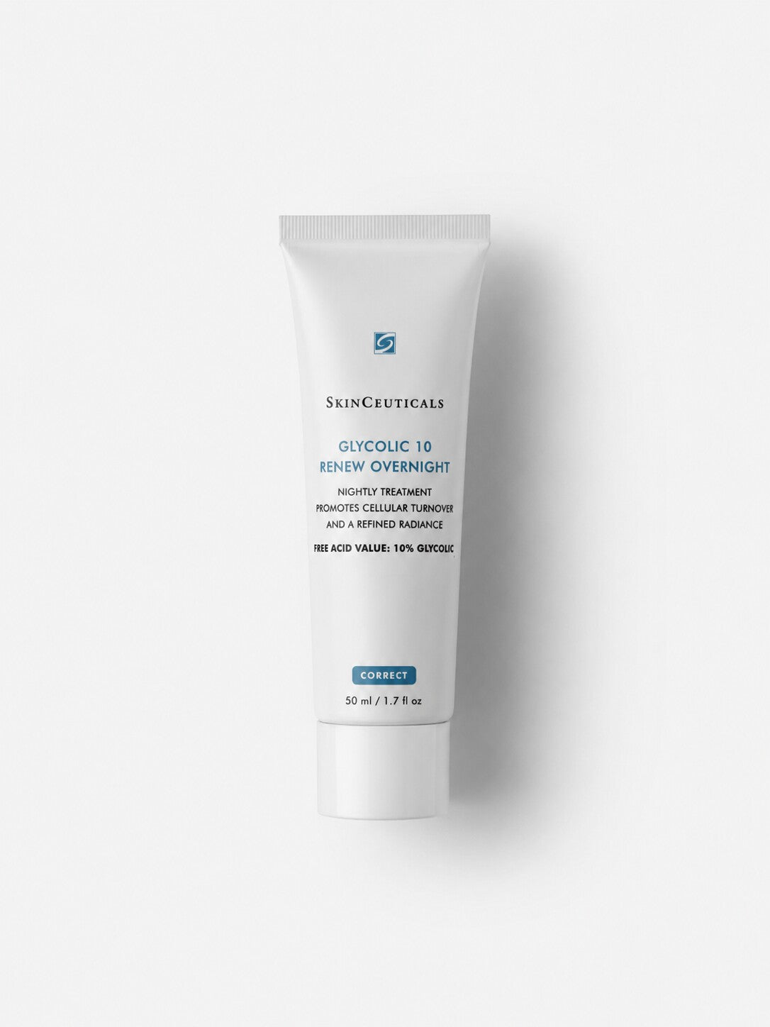 SkinCeuticals Glycolic 10 Renew Overnight nightly glycolic acid treatment in a white squeeze tube.