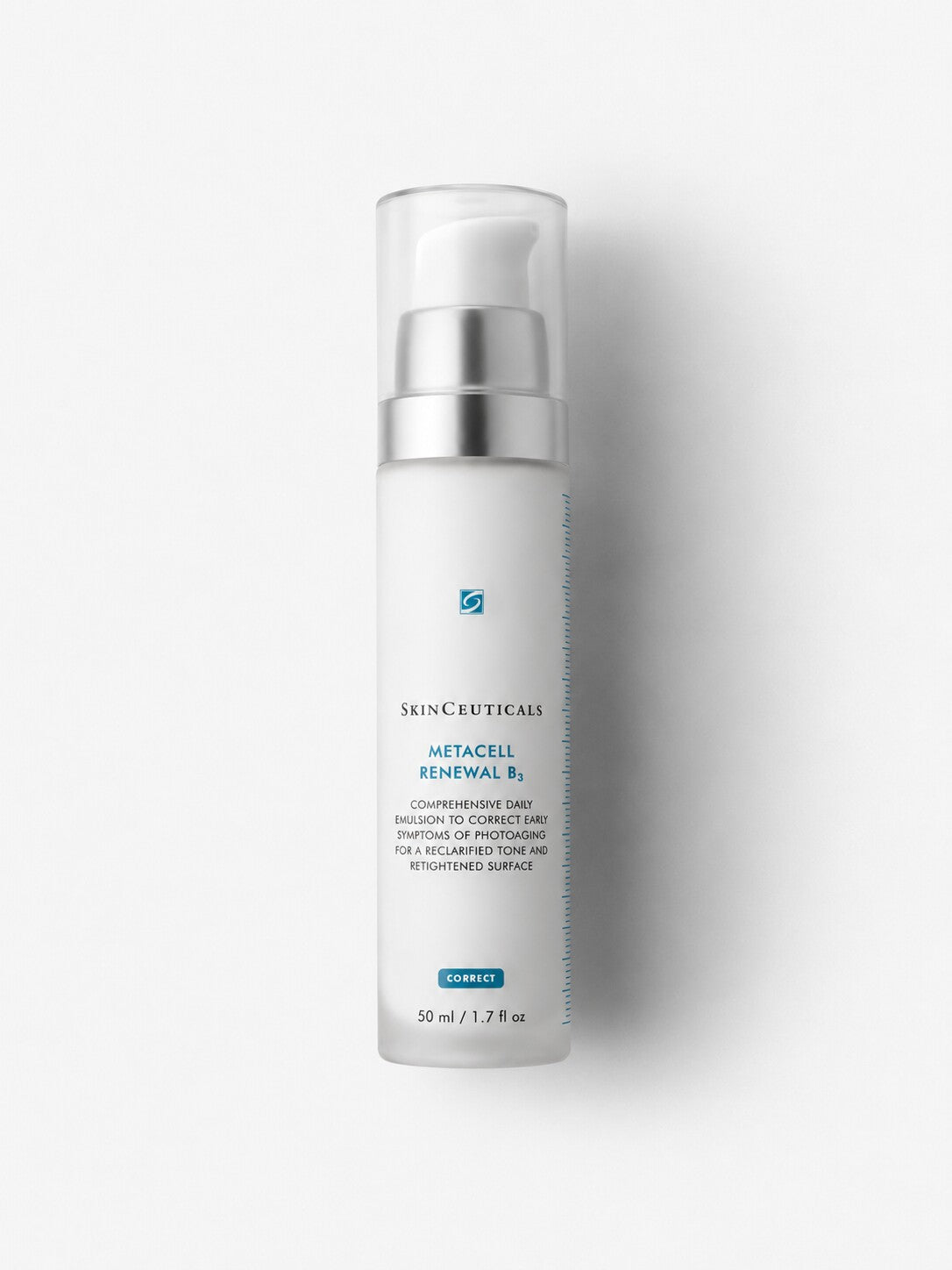 SkinCeuticals Metacell Renewal B3 daily emulsion for early aging in a white pump bottle.